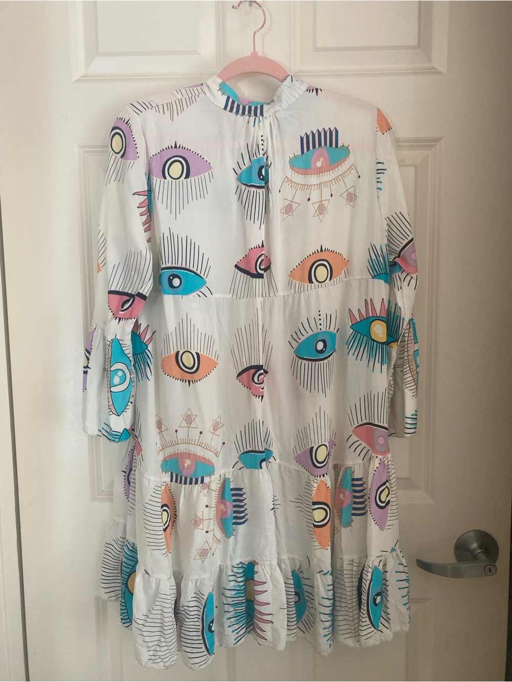 NT by Amati Eye Print Tiered Tunic Dress - White with Teal, Pink & Purple Eyes - Picture 5 of 5